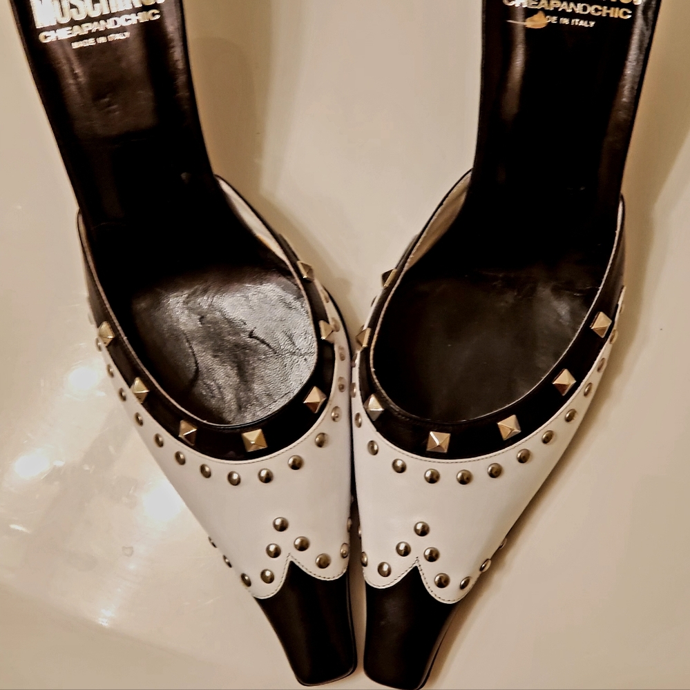 MOSCHINO CheapAndChic Black And White Kitten Heal Pointy Toe Spectators Mules - Picture 9 of 9